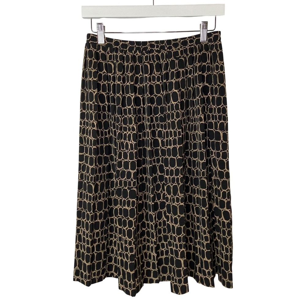 Leslie Fay Women's Black Tan Geometric Midi Skirt Elastic Waist Size 10
